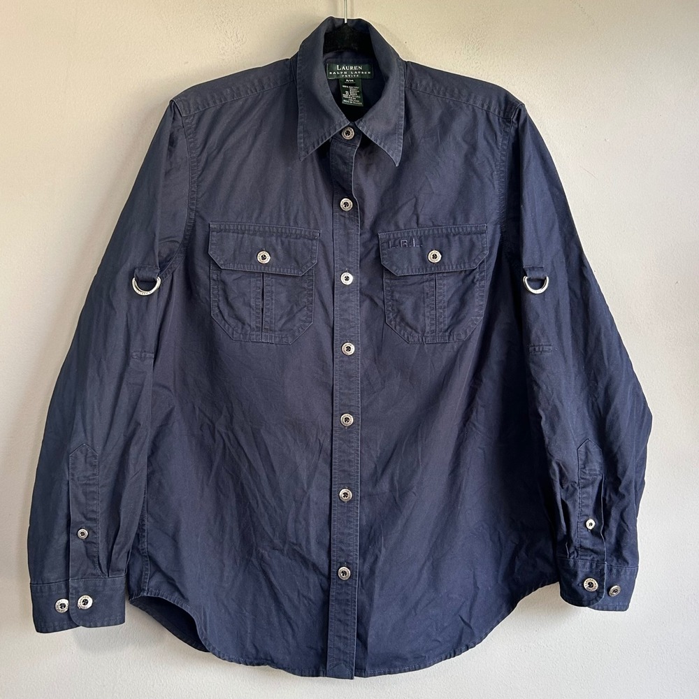 Lauren Ralph Lauren Petite Navy Blue Cotton Utility D-Ring Safari Shirt PM